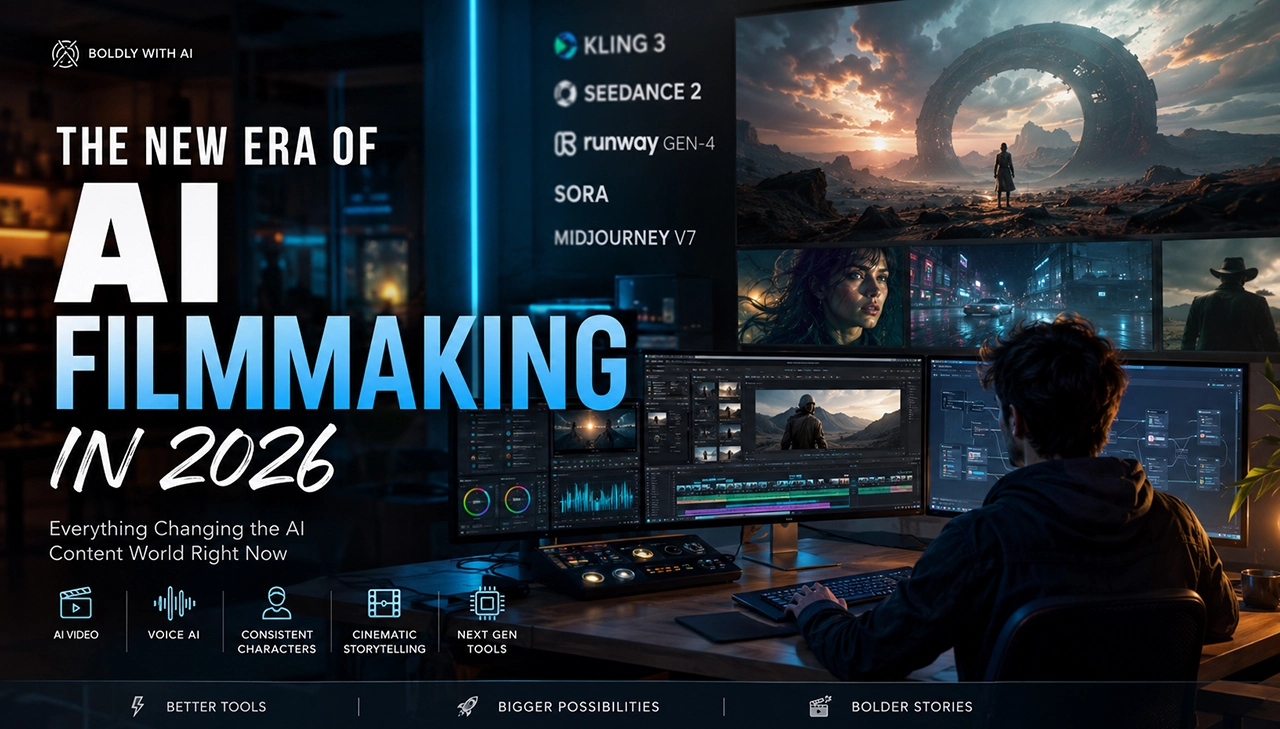 Futuristic AI filmmaking workspace with cinematic holograms