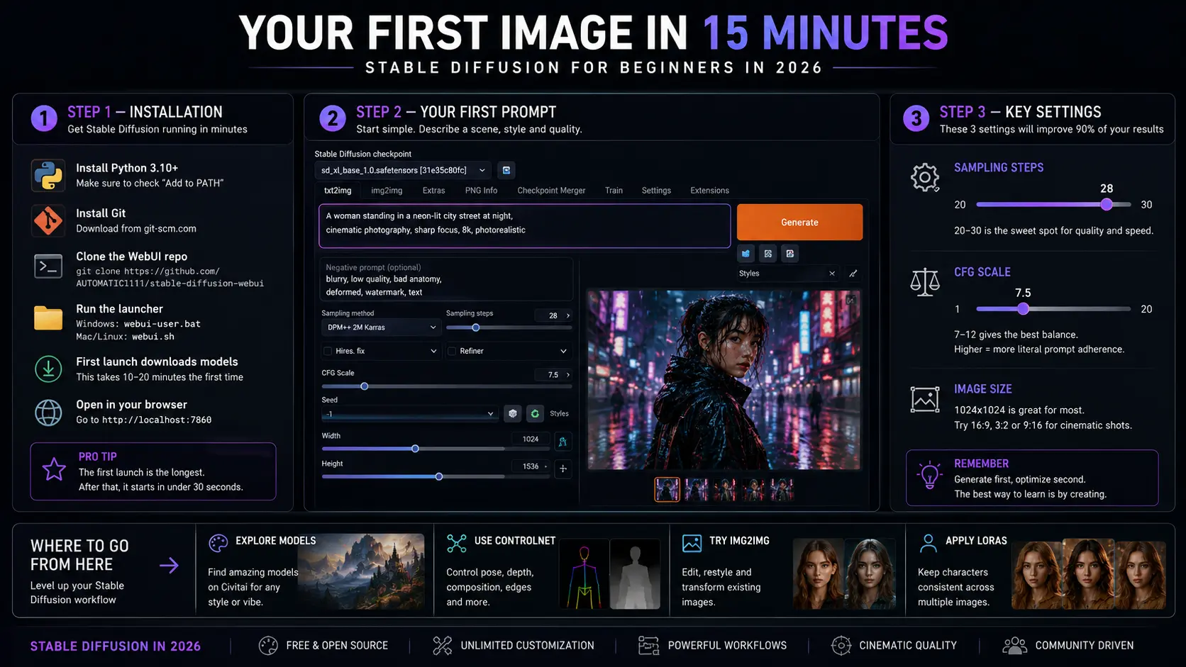 Stable Diffusion interface with cinematic AI image generation workflow