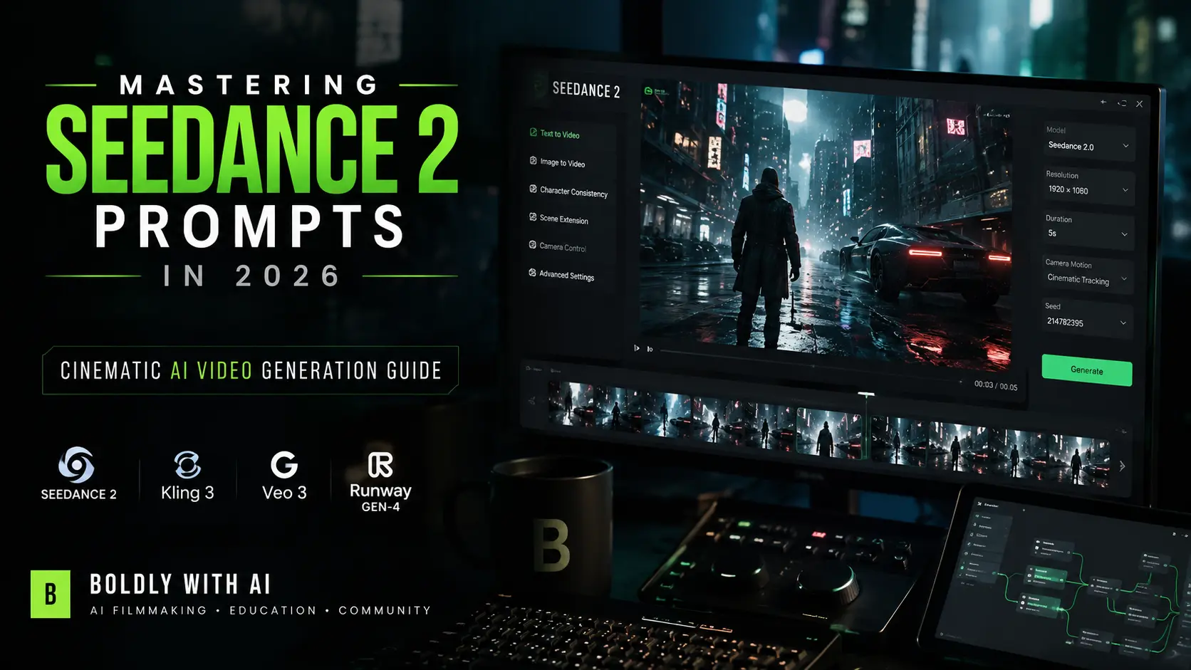 Futuristic cinematic AI video generation inside Seedance 2